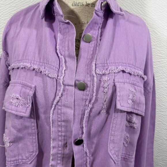 Jeans Ripped Raw Edge Oversized Denim Jacket, Distressed Collar Long Sleeves Y2K - Picture 5 of 10